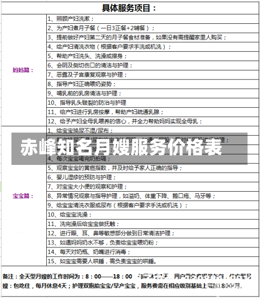 赤峰知名月嫂服务价格表